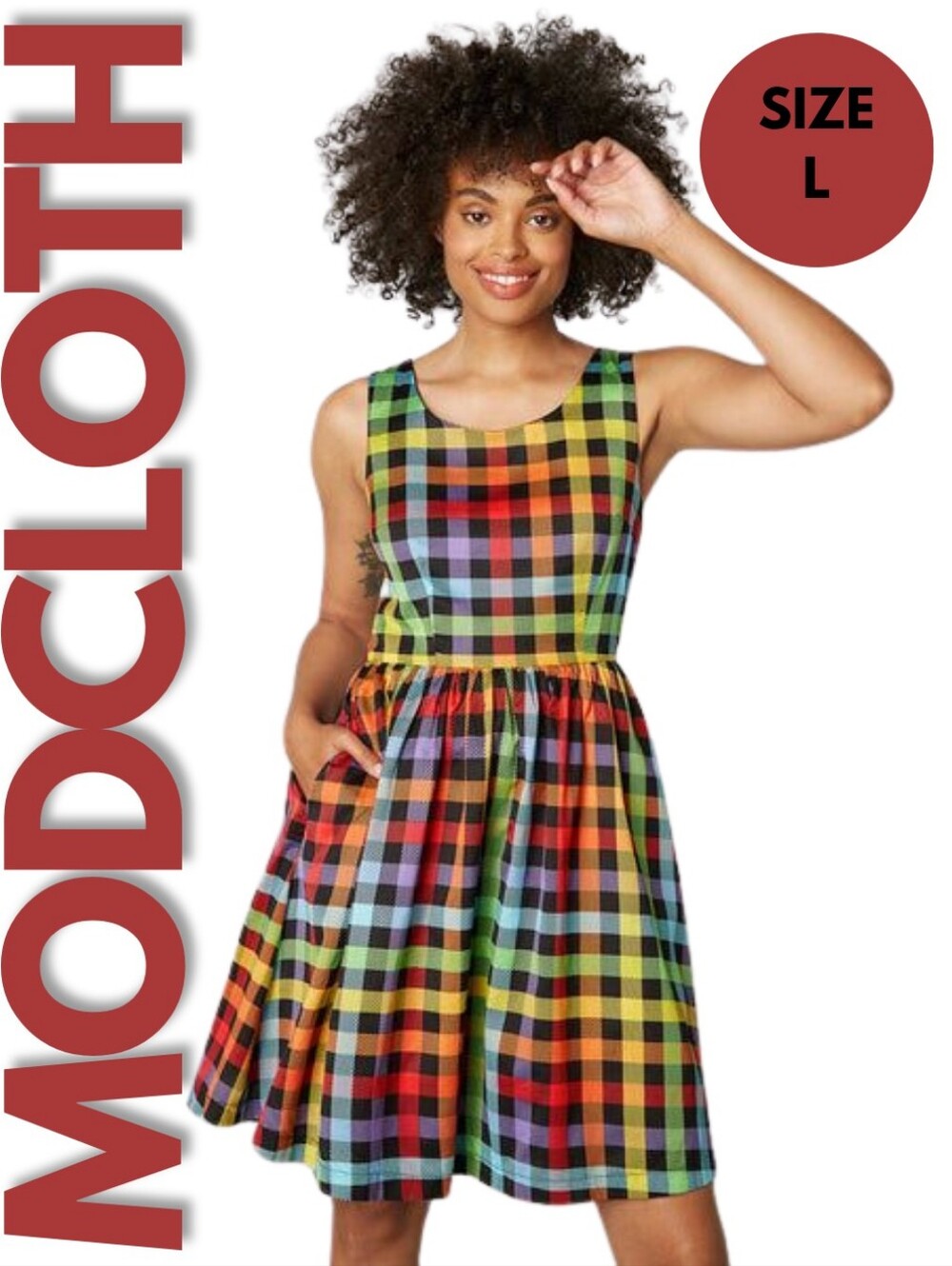 ModCloth Optimistic Effect Rainbow Gingham Dress Size L